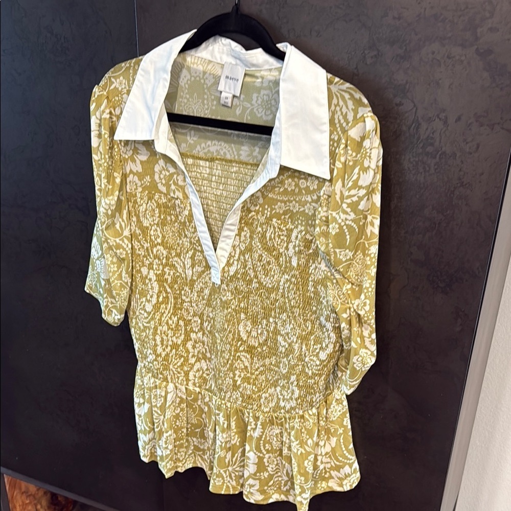 Mauve Gold Peplum Blouse with White Notched Collar Anthropologie